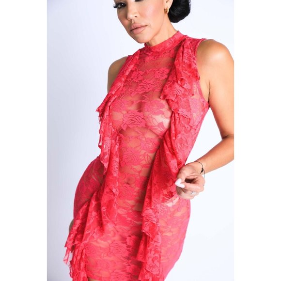 Women's Ruffle Detailed Lace High-Low Dress See Through Party Dress - Picture 2 of 9